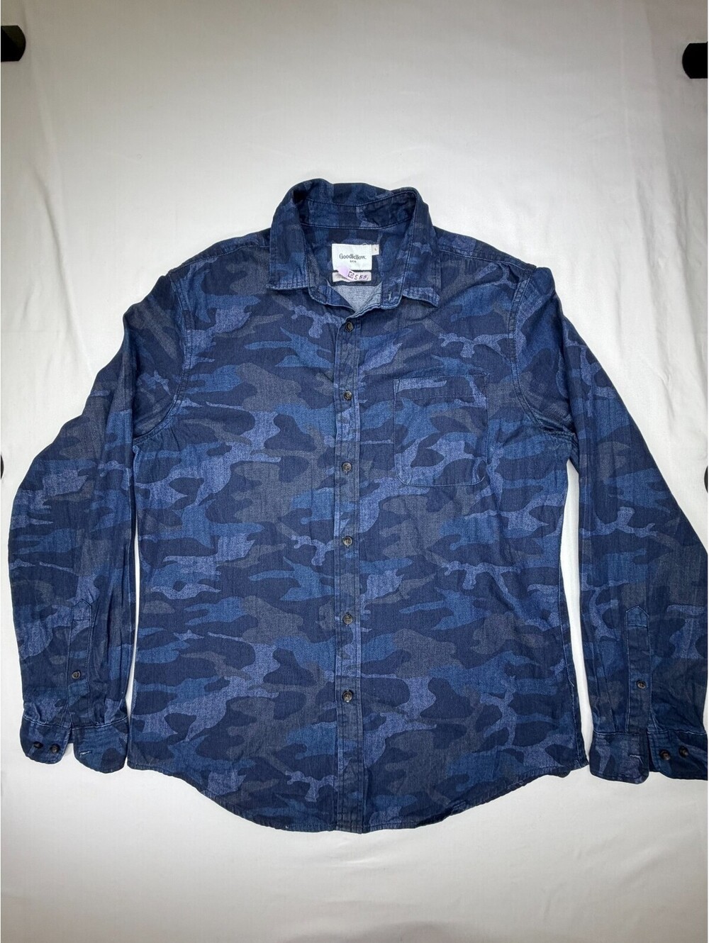 Goodfellow & Co Men's Button Up Shirt Long Sleeve Camouflage Pocket Size L Blue
